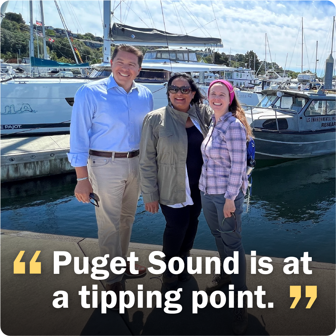 Laura Watson at a Puget Sound marina with text overlay"Puget Sound is at a tipping point"