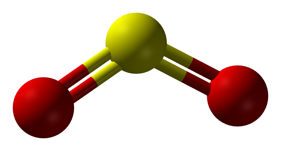 A sulfur dioxide molecule model with a two red spheres on the ends and a yellow sphere in the middle, connected by two lines on each side