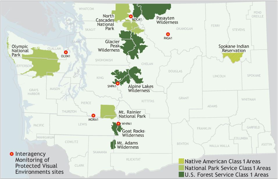 This map shows the eight Class 1 areas in Washington, including national parks:  Mount Rainier, North Cascades, and Olympic.