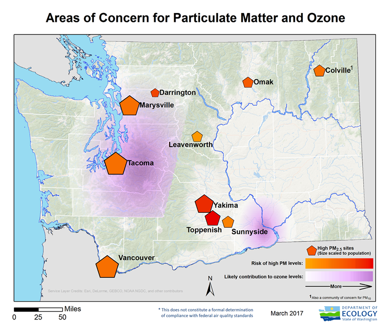 Map of areas of concern for particulate matter and ozone