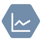 a white icon of a stock chart on blue hexagon