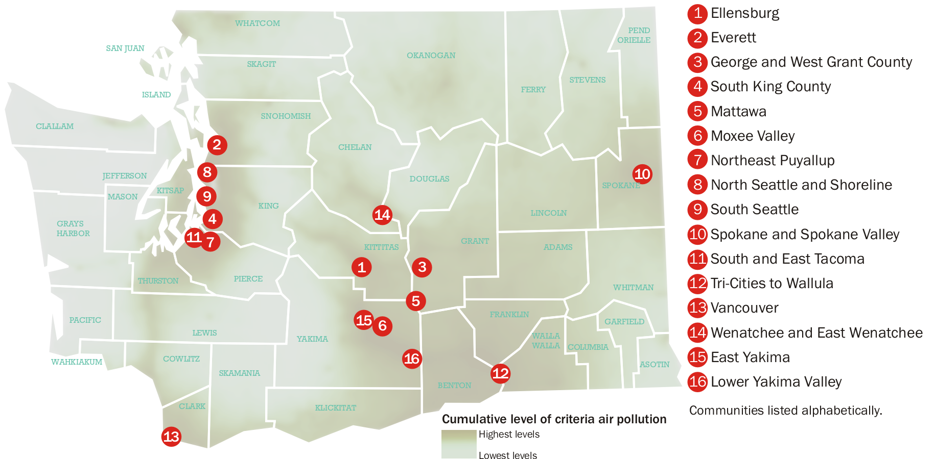 Washington map-communities identified as overburdened by criteria air pollution