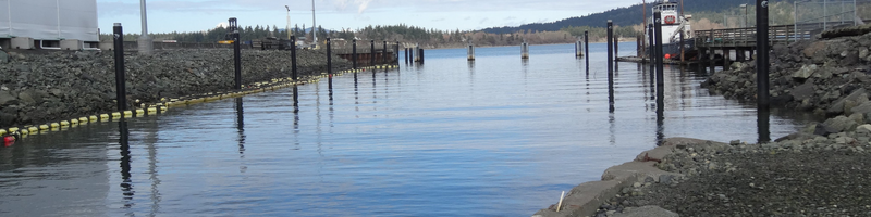 Looking out from marine shoreline into a channel that was cleanup site.