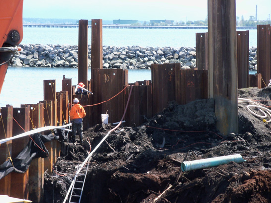 Environmental cleanup construction. Workers placing sheet pile wall along the shoreline of Fidalgo bay.
