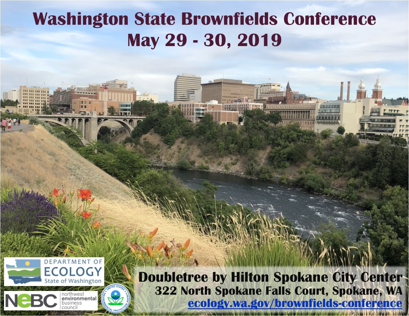 Postcard that says: Washington Brownfields Conference, May 29-30, 2019 at the Doubletree by Hilton Spokane Center, 322 North Spokane Falls Court, Spokane