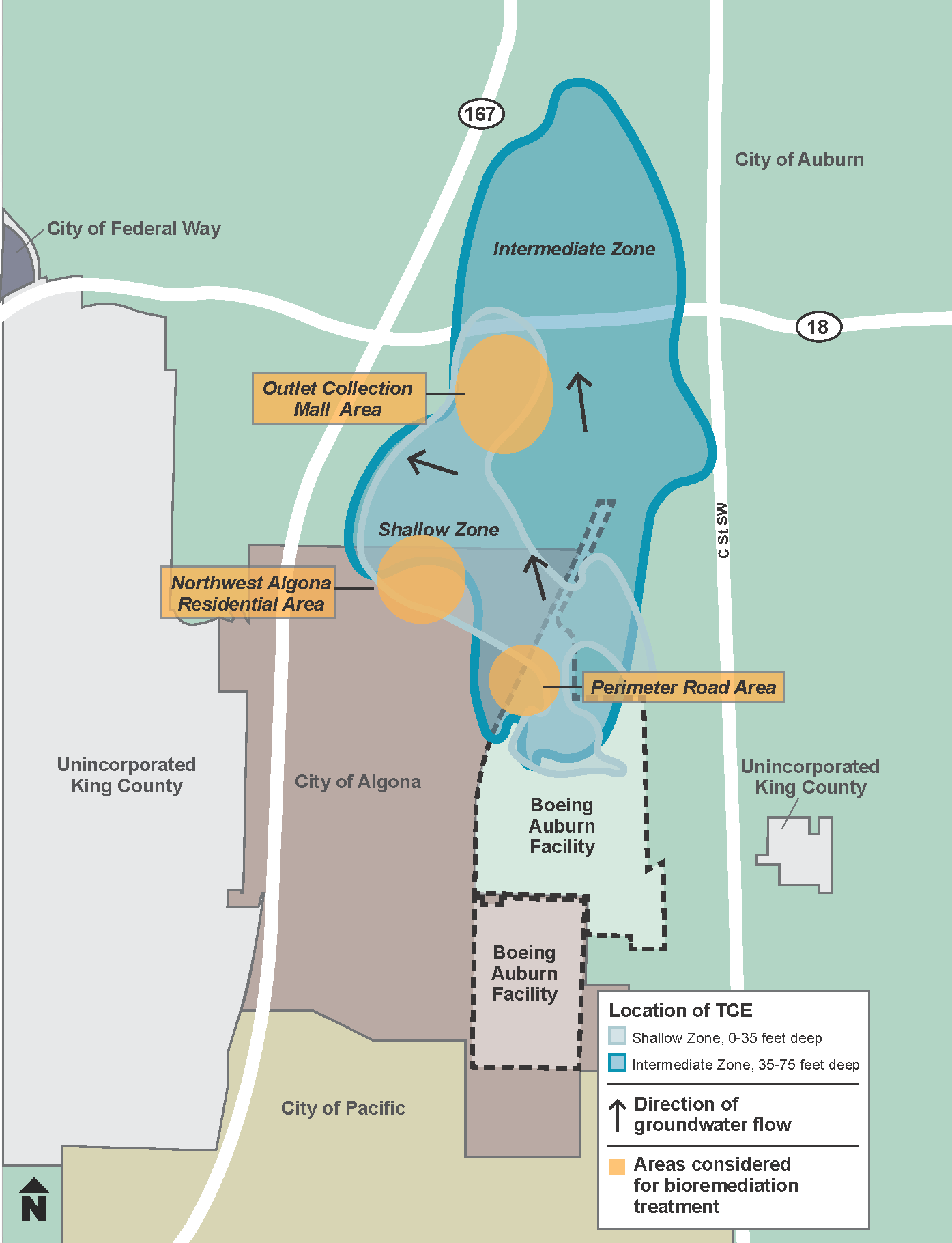 Site map showing groundwater contamination. See a plain text version of this map linked in the caption.