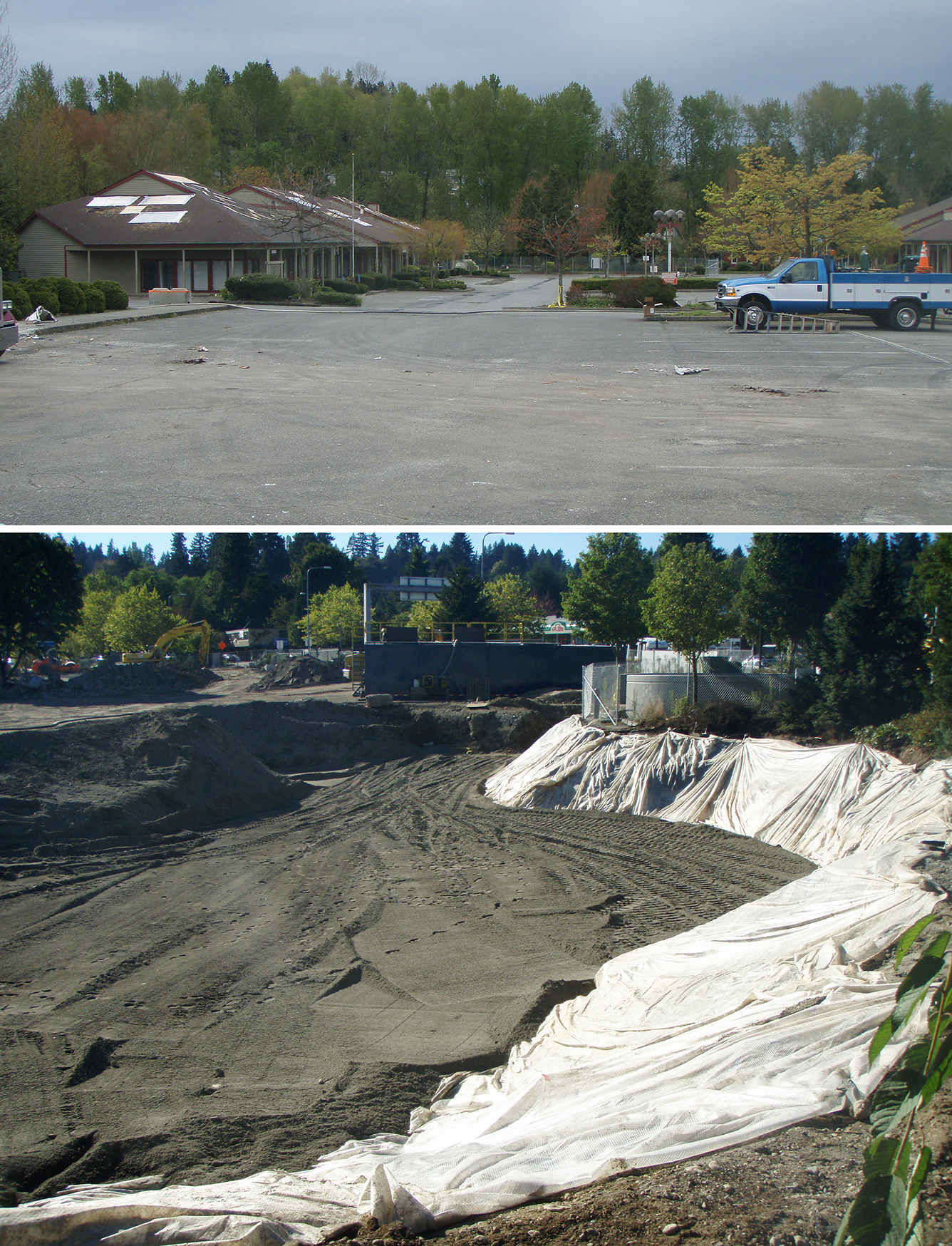 Before: A parking lot with a strip of buildings. During construction: a white fabric barrier is placed over contamination and capped with clean gravel.