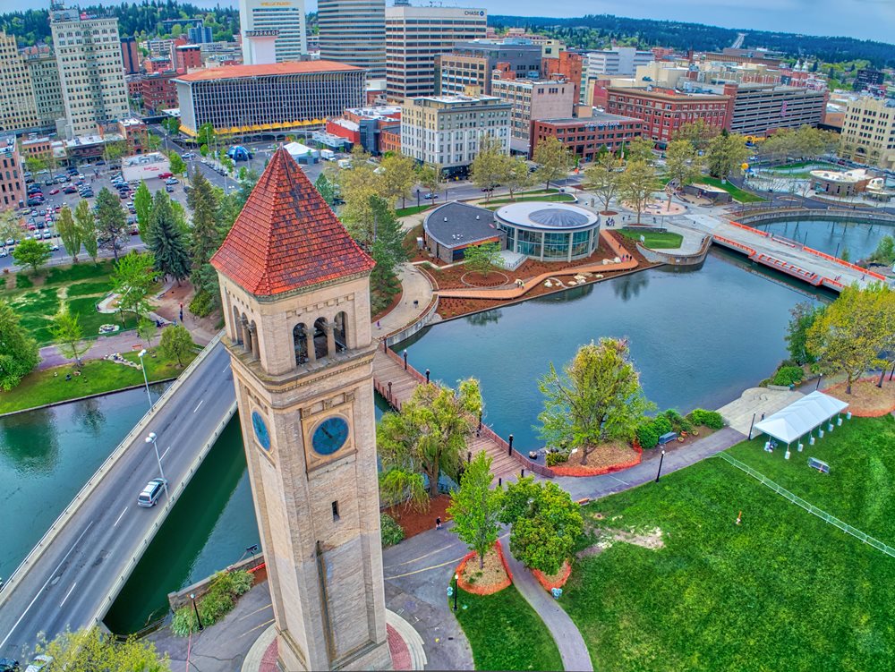 Riverfront Park's Clock Tower, Looff Carrousel, Howard Street Promenade, and skate ribbon and sky ride facility on the Spokane River in downtown.