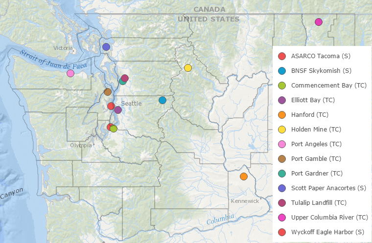 A map of Washington with dots to indicate where the NRDAR efforts are under way.  Nine sites are in the Puget Sound area, and four are in Central and Eastern Washington. See following table for site details.