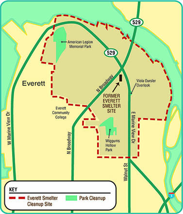  Map of Everett showing location of American Legion Memorial  and Wiggums Hollow Parks
