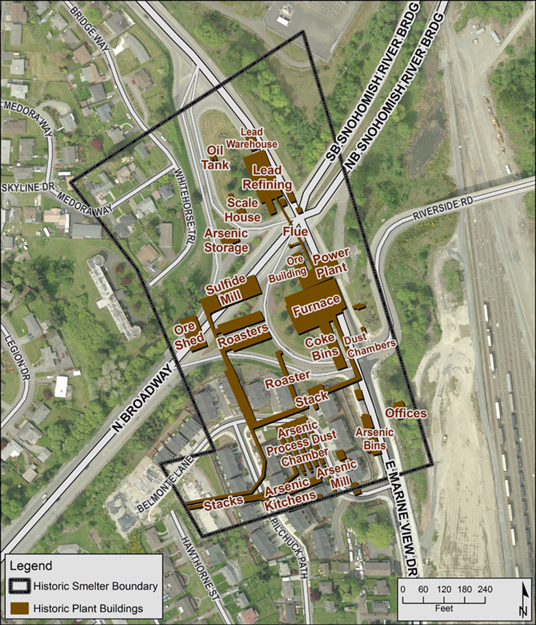 Map of the historic footprint of Everett Smelter showing buildings including the stacks, arsenic dust chamber, arsenic bins, arsenic mill, etc.