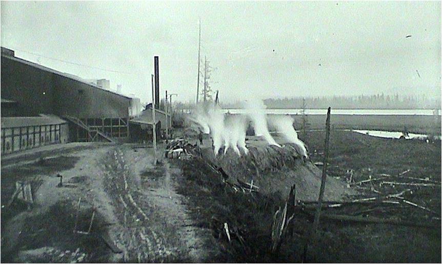 Photo of smoking waste piles at Everett smelter