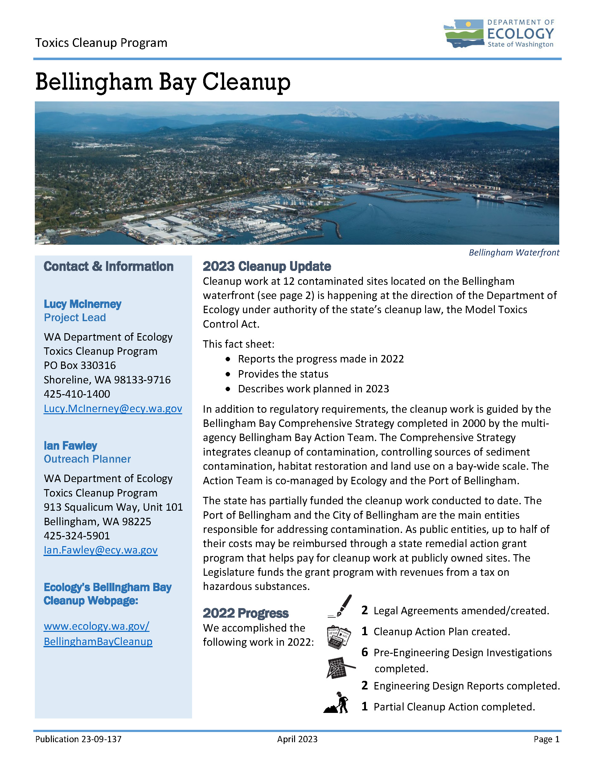 Fact sheet cover page shows aerial view of bay, 2023 cleanup update, 2022 progress