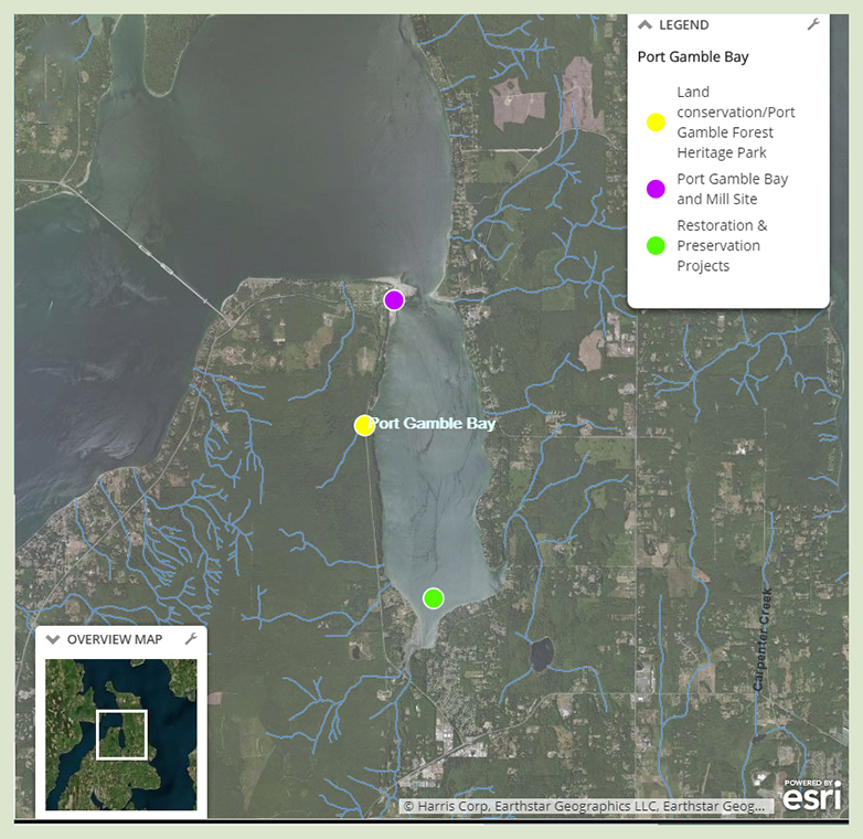 Map of Port Gamble Bay showing 3 sites of interest, including Port Gamble Forest Heritage Park; Port Gamble Bay and mill site; restoration and preservation projects.