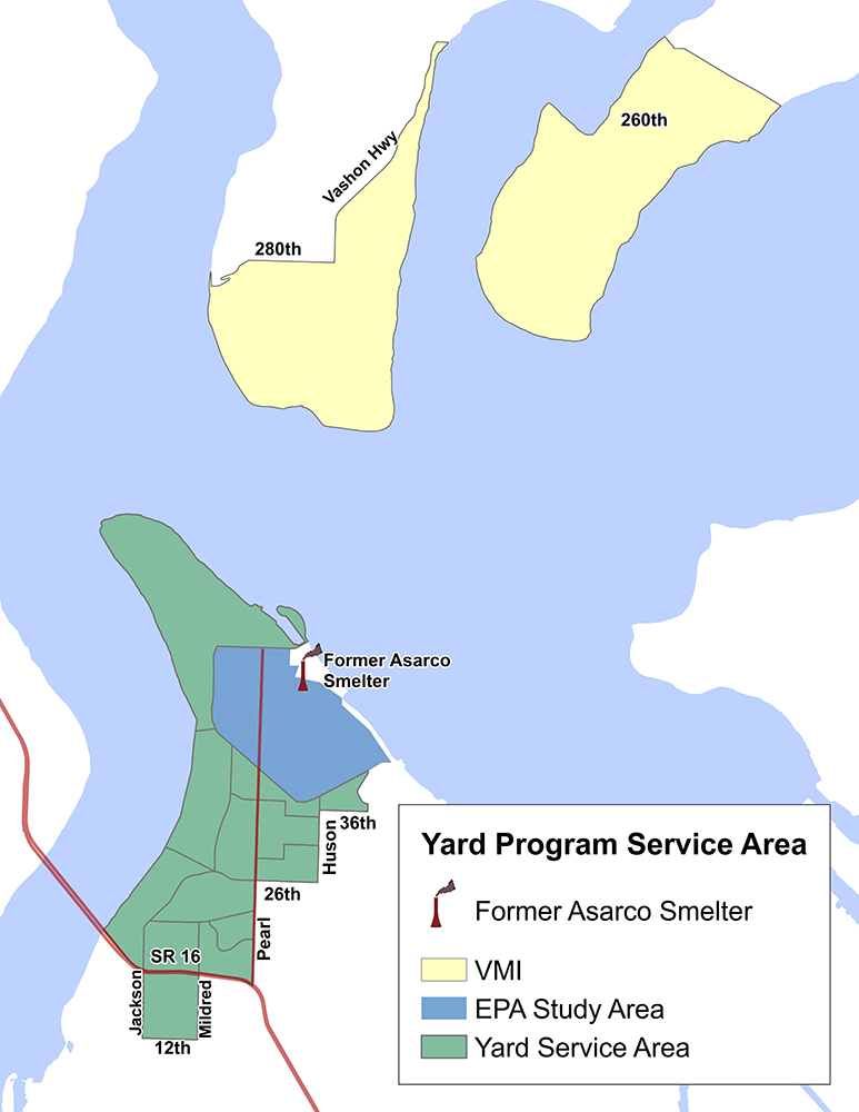 The Yard Program Service Area covers the southern tips of Vashon-Maury island and areas around Ruston in North Tacoma.