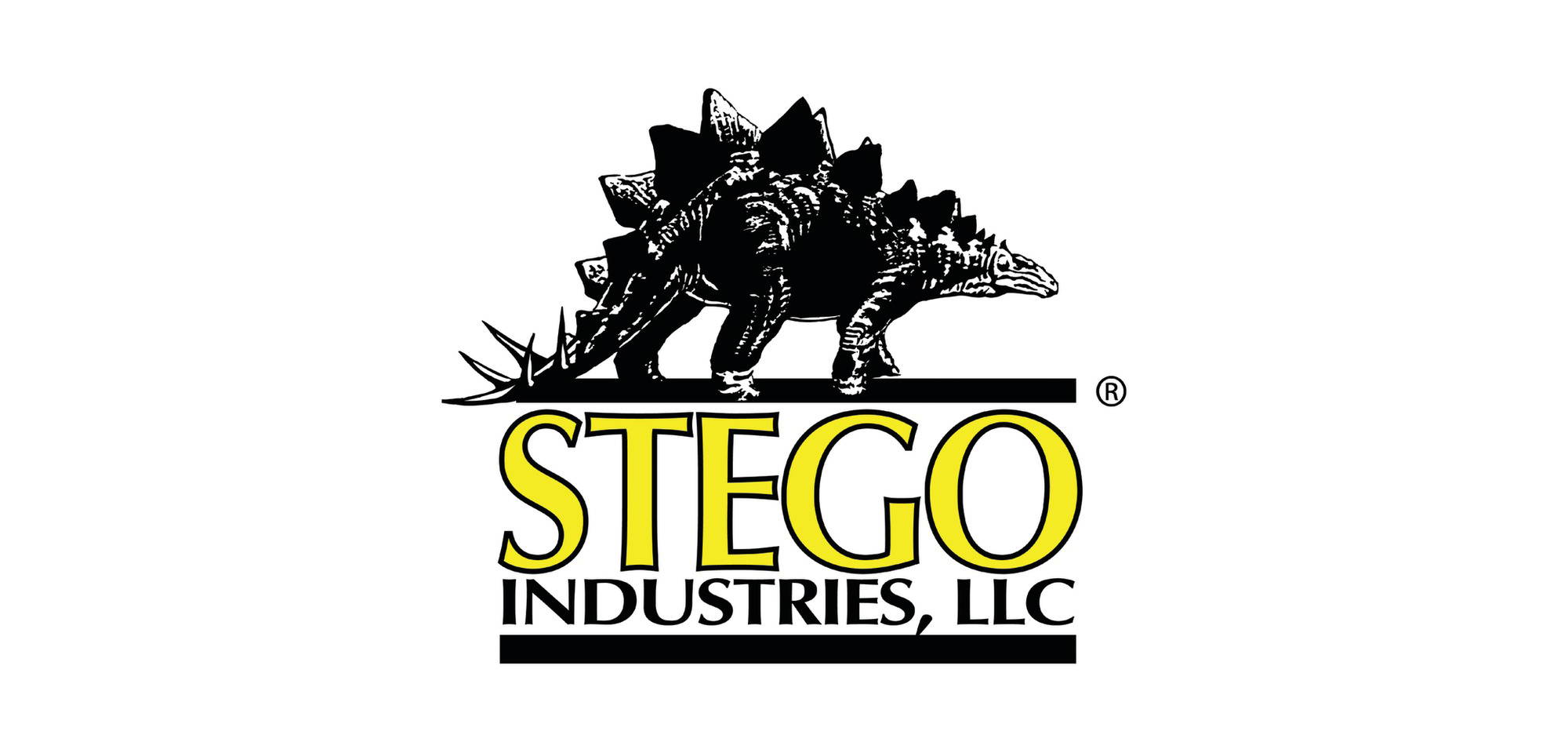 Logo for Stego Industries that has the company name and a dinosaur