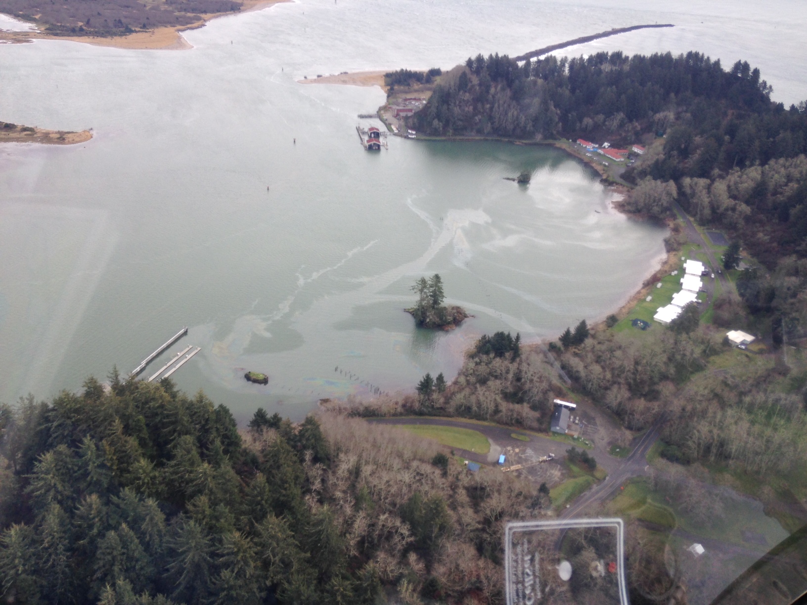 Aerial view of the oil sheen from the FV Titan grounding