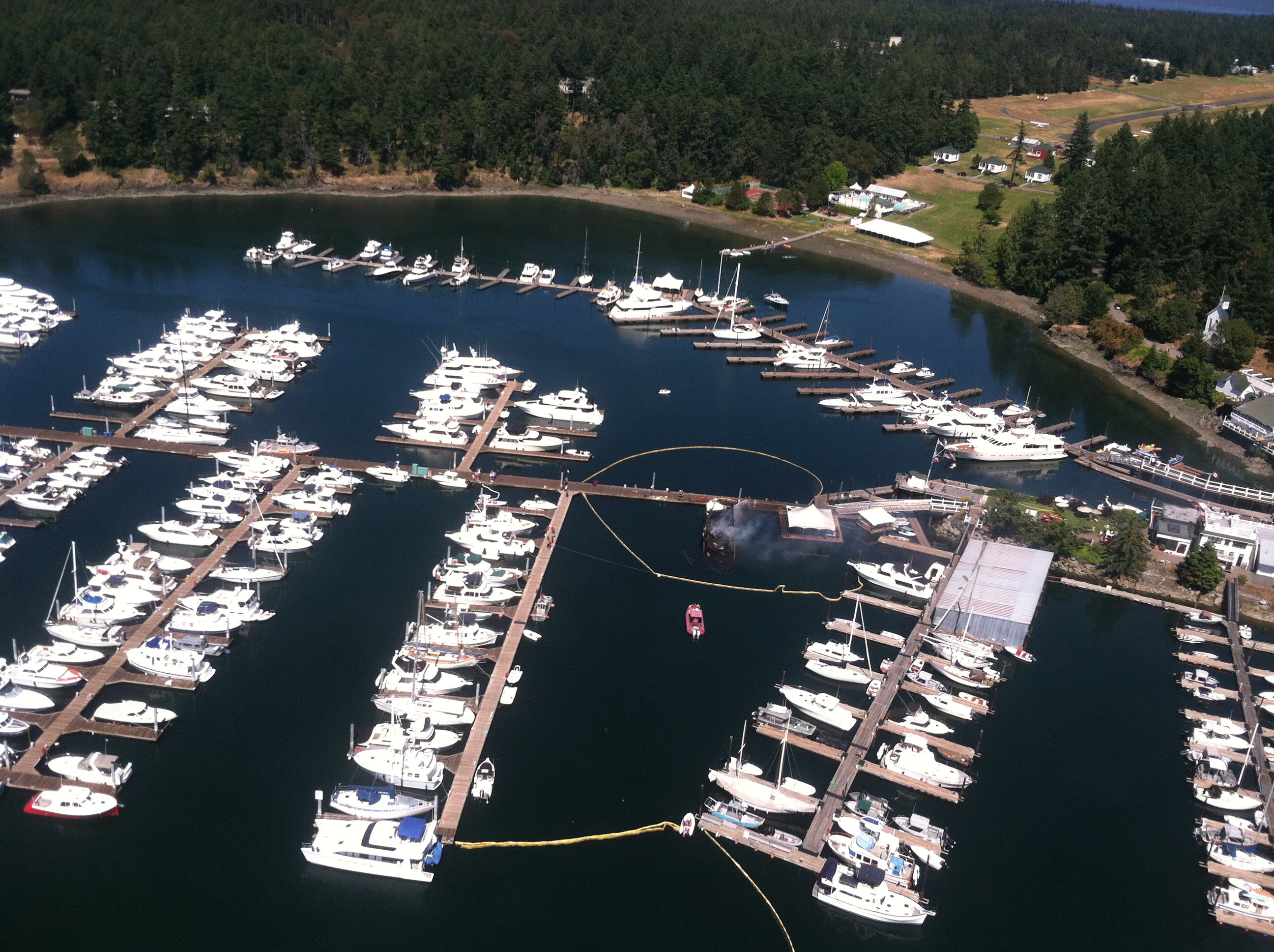 Ariel view of the Roche Harbor boat fire incident