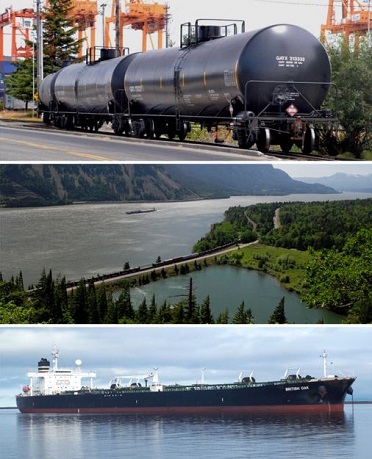 Oil train cars on tracks, an oil train crossing a river on a bridge, and a large vessel in the water.