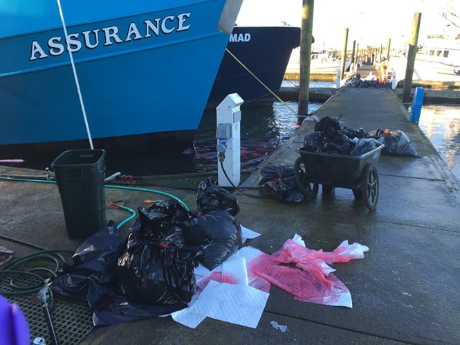 Vessel at dock. Oil soaked absorbent pads in water. Numerous garbage bags of oil soaked absorbents sit on the dock.