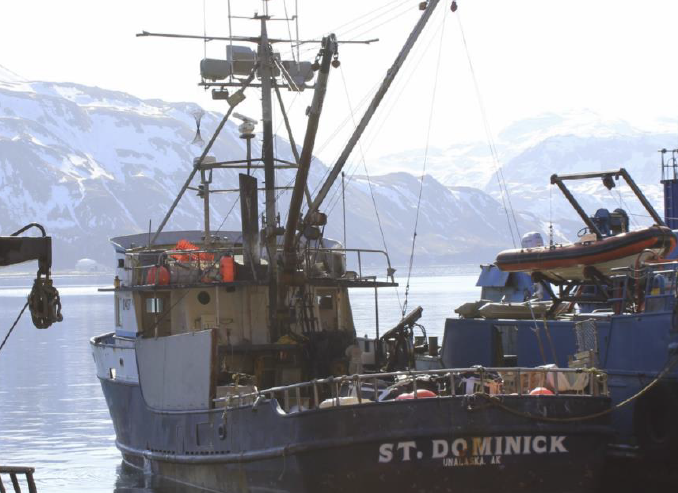 Fishing vessel ST DOMINICK, viewed from port stern, at Dutch Harbor, Alaska, after the incident.