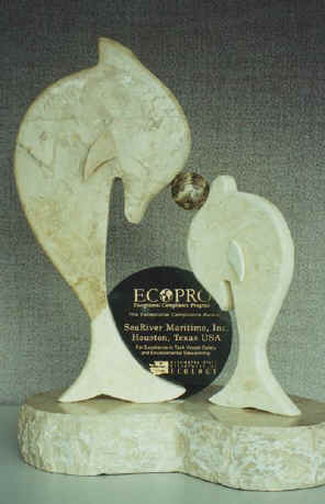 Marble trophy of two dolphins and the ECOPRO logo