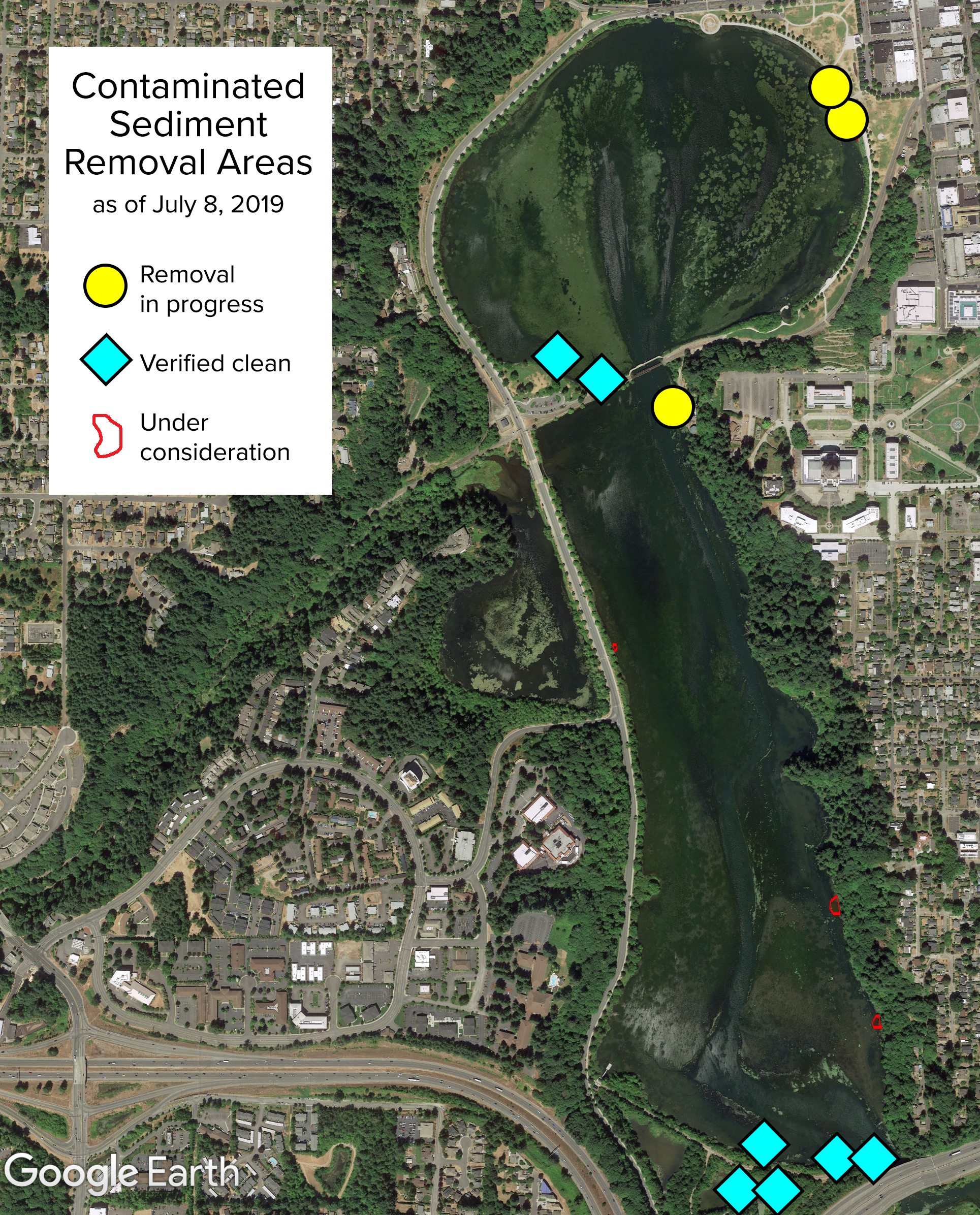 Google Earth map showing seven cleaned areas, three areas of removal in progress, and three under consideration.