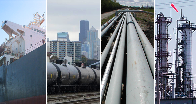 A large vessel, an oil train passing through Seattle, above ground pipelines, and facility towers. 