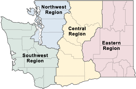 Map of the state of Washington showing the location of our northwest, southwest, central, and eastern regions.  