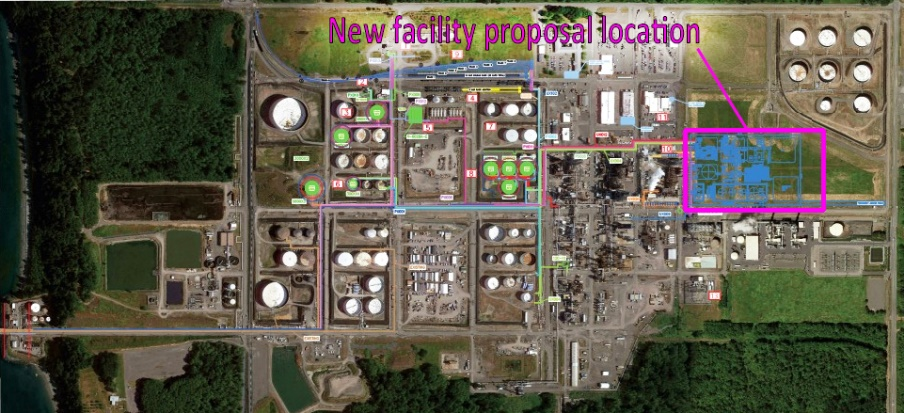 Aerial photo map of an oil refinery, marked to show where the proposed Green Apple Renewable Fuels facility ner Ferndale would be located if approved. 