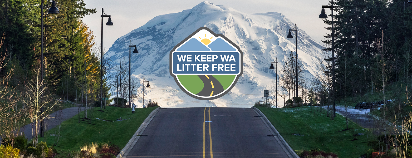 We Keep WA Litter Free logo with a clean roadway leading up to Mount Rainier