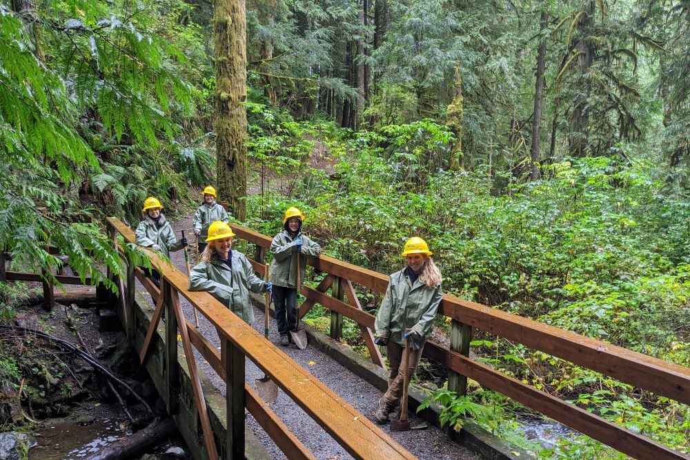 Five members of a WCC trail crew stand on a wooden footbridge in a dense forest. Everyone is wearing rain gear and a yellow hard hat and is smiling at the camera.