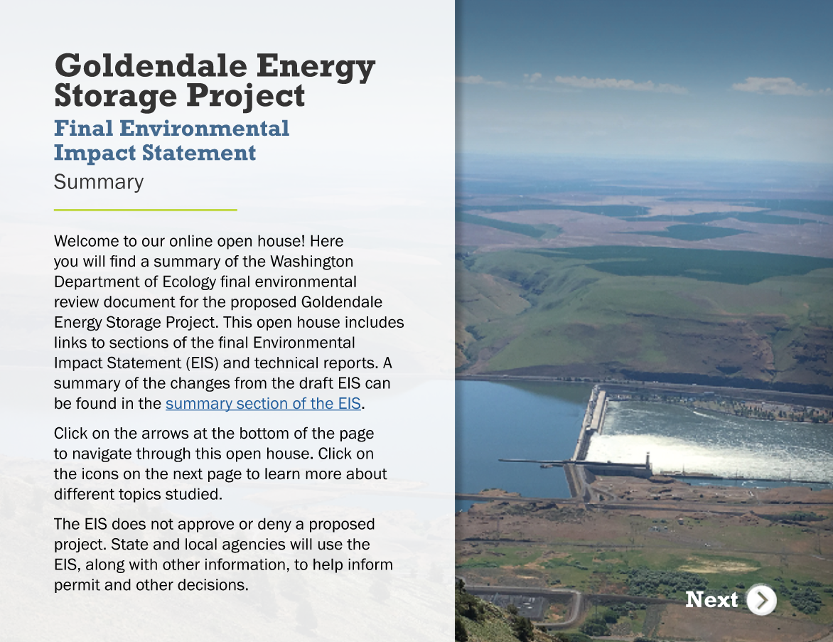 Online open house cover page for final EIS. Looking down on the Columbia River from where the top reservoir is proposed.