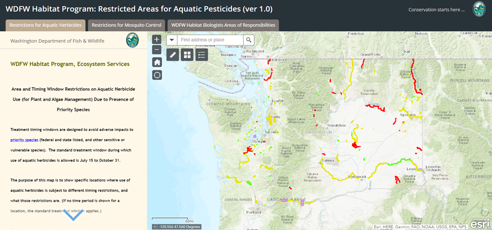 online map with information panel over a map of Washington state with different color river lines showing restrictions