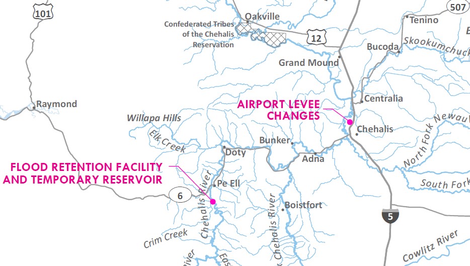 Proposed flood retention facility is south of Pe Ell, and airport levee changes would be north of Chehalis near I-5.