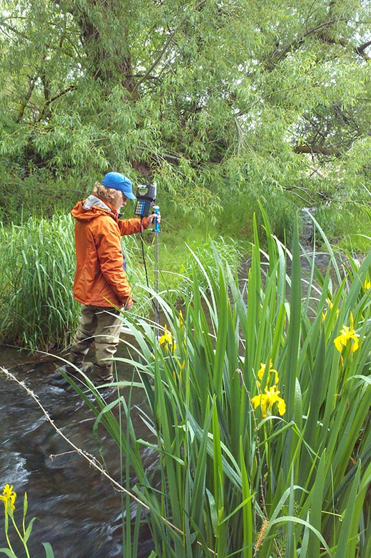 Scientist stands in shallow, yet fast-moving, stream with a pole-mounted apparatus. one end of the pole is in the water. Yellow lilies bloom nearby.