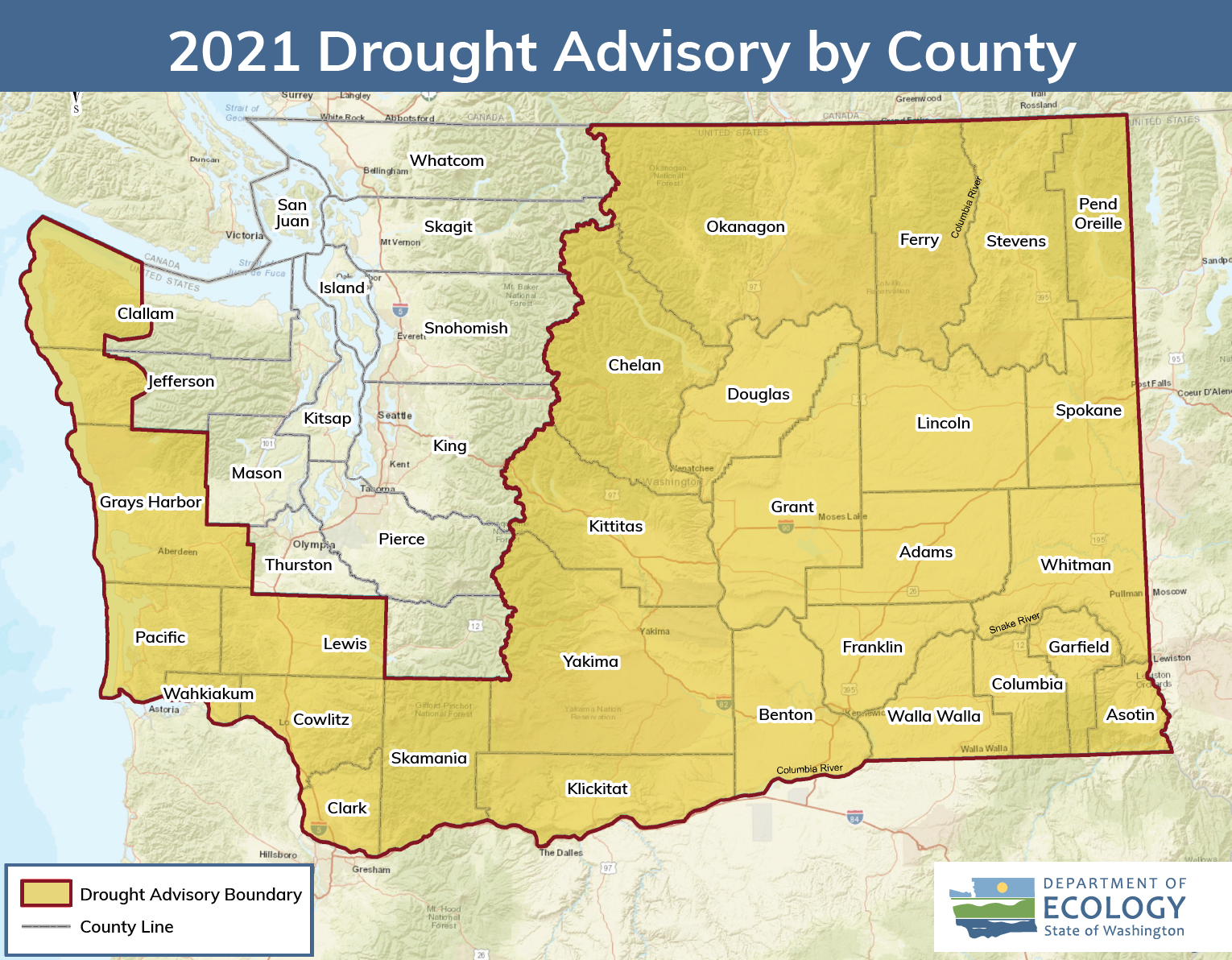 Map of Washington state showing that most of the counties not adjacent to Puget Sound fall under drought advisory