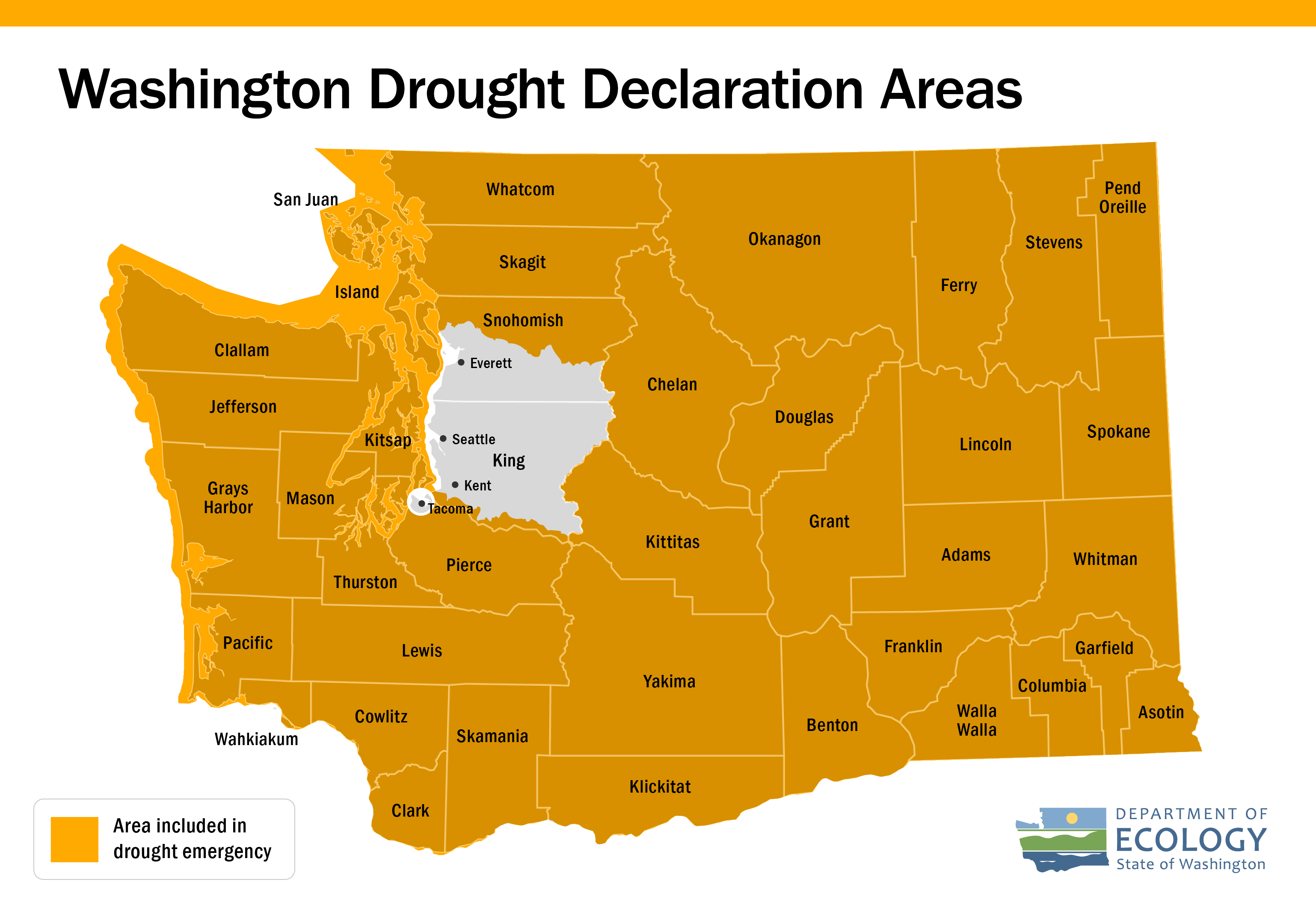 Map of Washington highlighting areas under drought declaration. Seattle, Everett and Tacoma do not fall under the declaration
