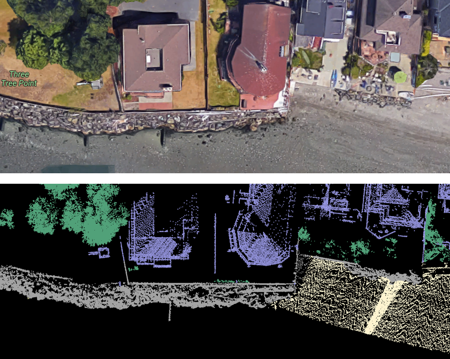 Satellite image of shoreline with houses compared to LIDAR point cloud of the same site showing the accuracy of the LIDAR scan.