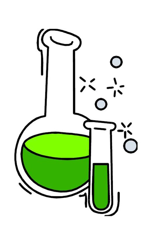 Cartoon line drawings of a florence flask and test tube with green liquid. The test tube has bubbles, some popped.