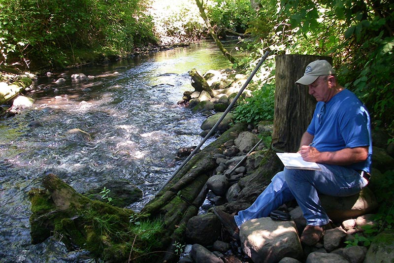 Scientist writes notes with a pen while sitting on a stream bank beside a tree stump