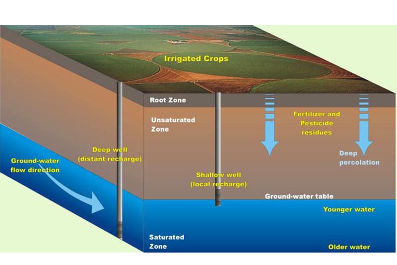 Cross-section of land mass shows fertilizer and pesticide residues percolating through topsoil and unsaturated zone into groundwater via irrigation water.
