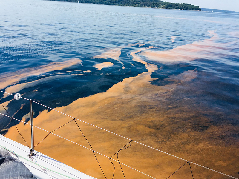 Puget Sound over the edge of a boat with orange marbling in the water