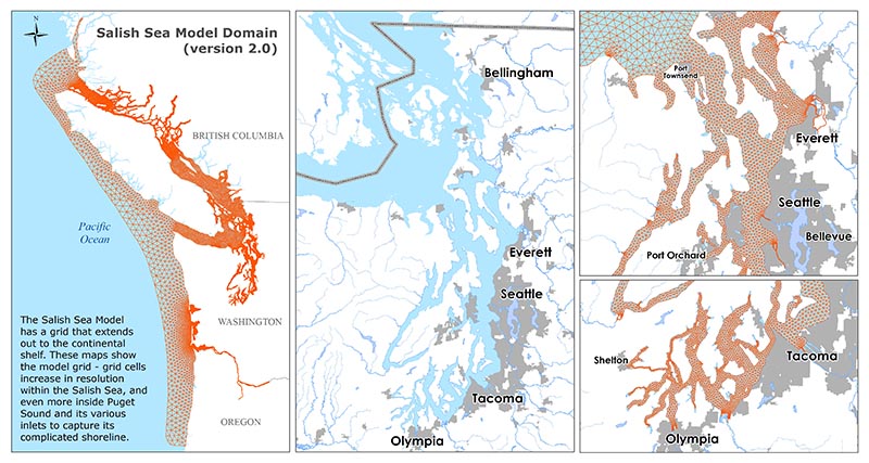 Four maps of the Salish Sea model with grid lines extending around the coastlines from Canada to Oregon, mapping out the Salish Sea. The maps show increasing resolution within Puget Sound.