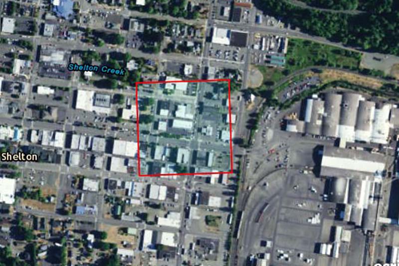 Aeriel view of Shelton laundry site with outline square showing the extent of contamination. 