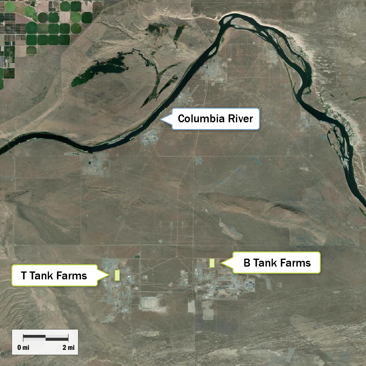 Satellite map of the Hanford Site with labels showing location of Tank Farms in relation to the Columbia River.