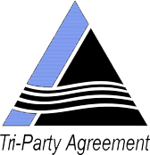 Logo with two overlapping triangles, blue and black, with waves and the words Tri-Party Agreement.