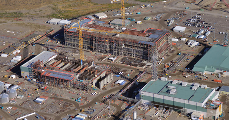 Aerial view of the Waste Treatment Plant buildings under construction.