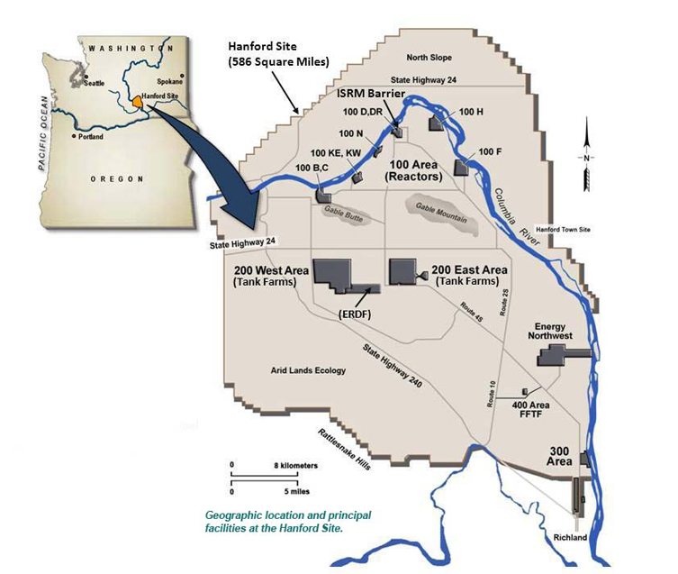 Map showing the size and location of the Hanford site in Southeastern Washington.