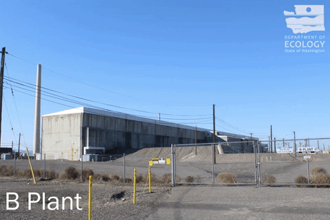 GIF slideshow of B Plant, T Plant, U Plant, PUREX, REDOX. Massive long concrete facilities with smoke stacks.